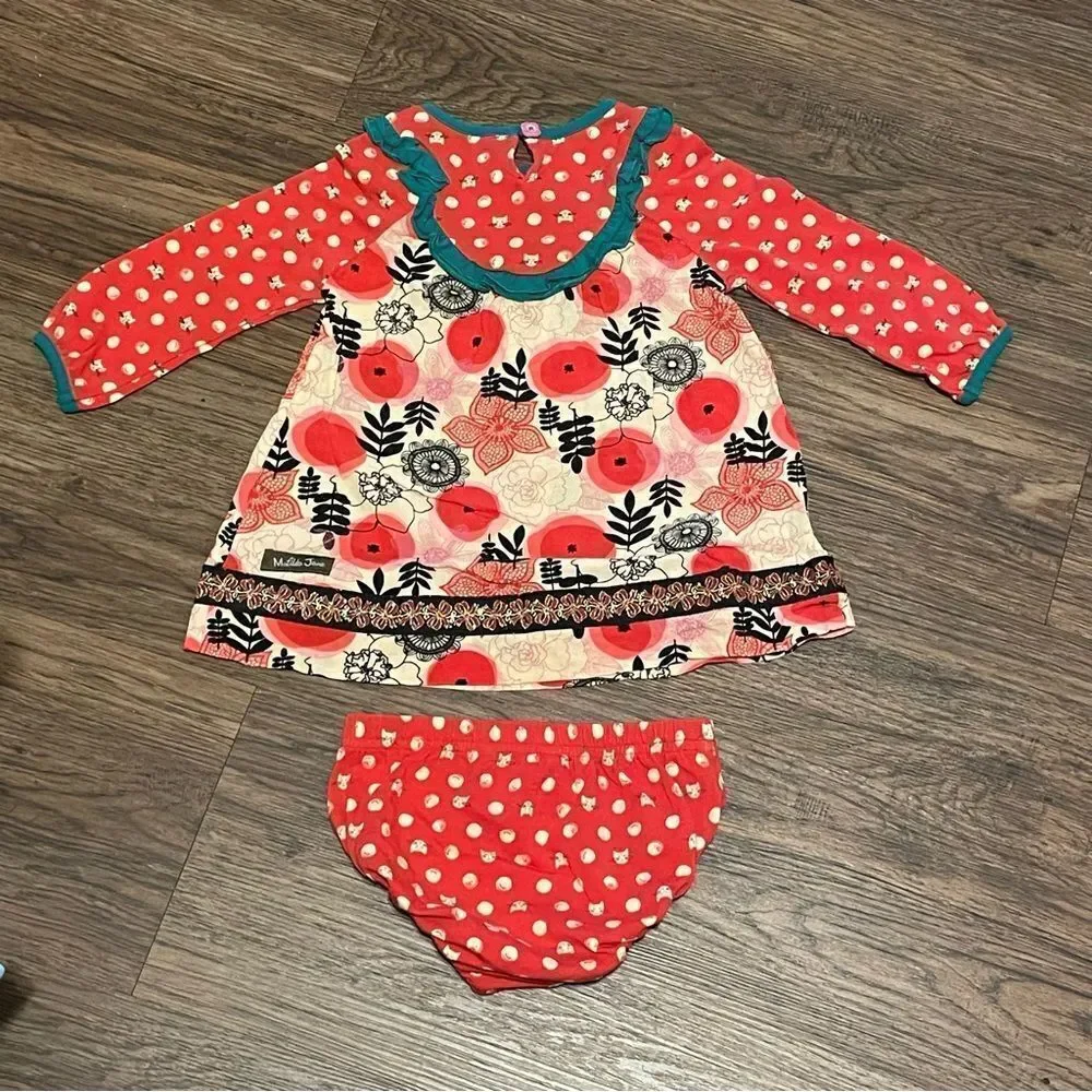 Matilda Jane Under The Tree Dress With Bloomers Red Green Cream Black 12-18 mos
